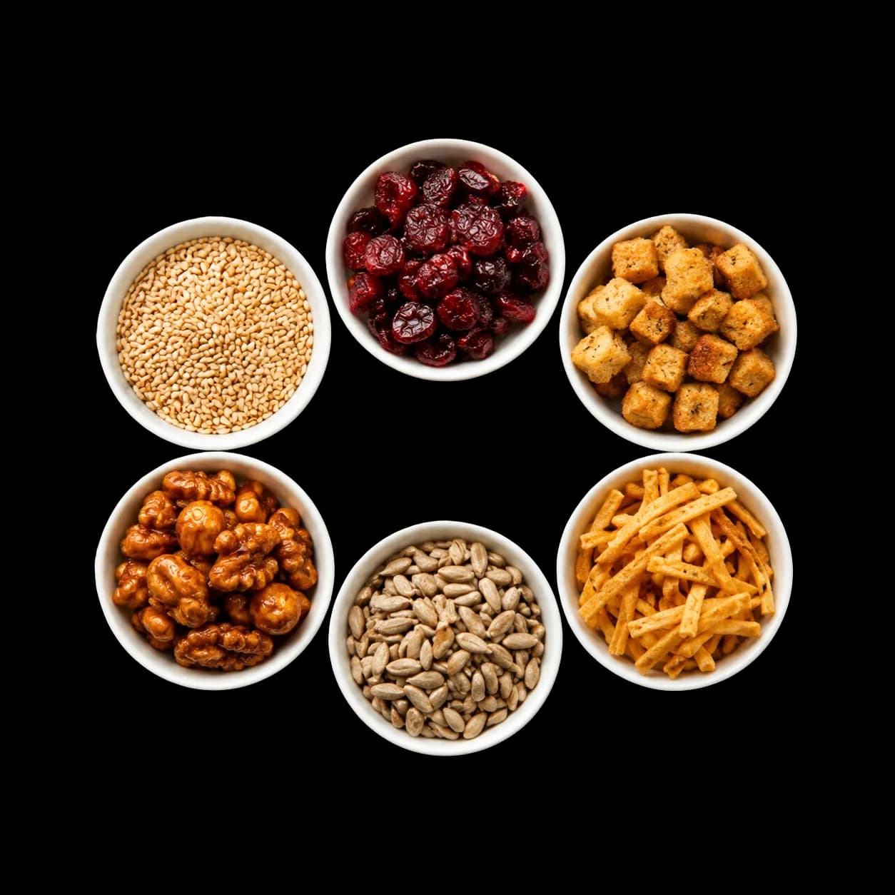 Crocantes: ajonjolí, arándano, crotones, nuez garapiñada, semillas de girasol y fideo crujiente