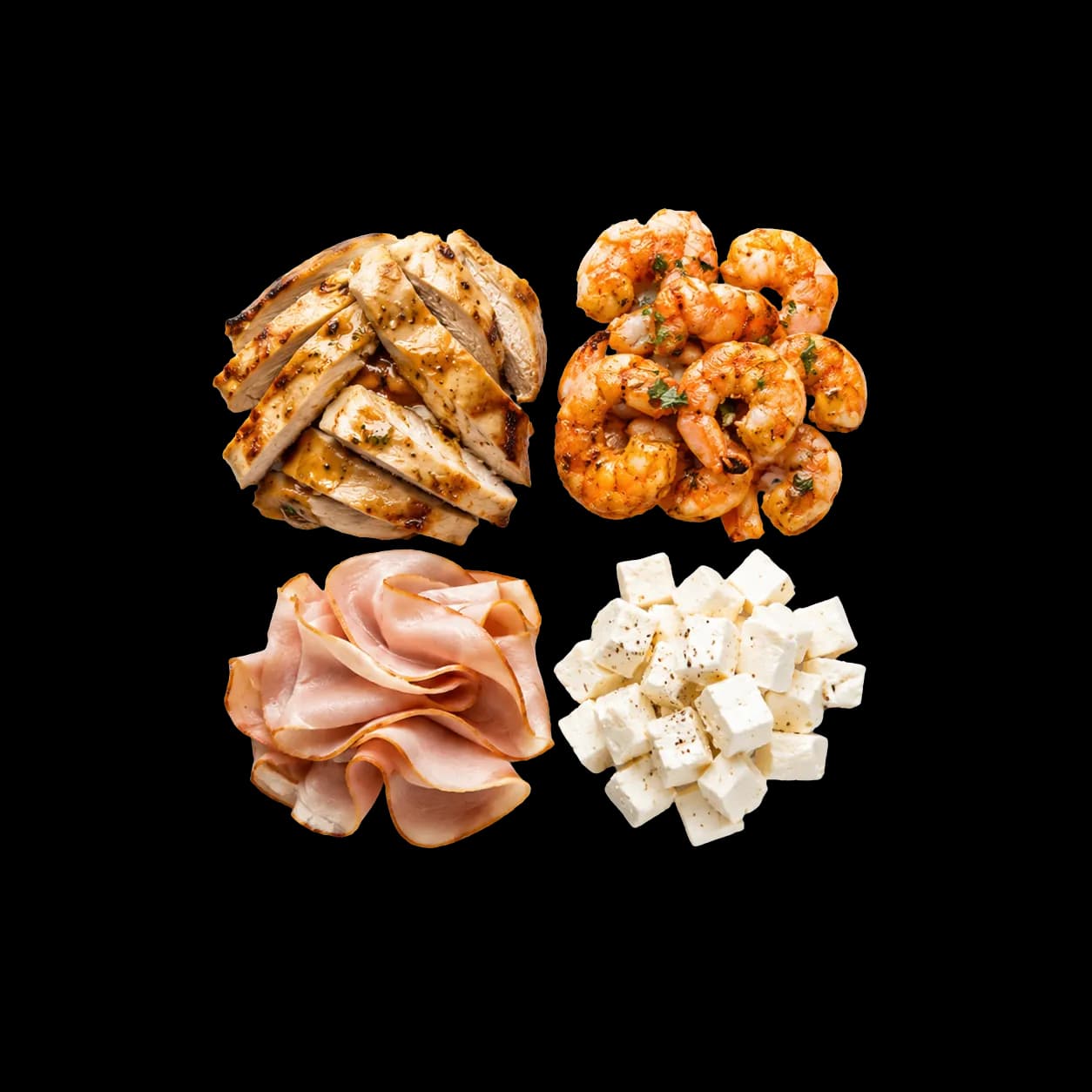 Proteínas: pollo a la parrilla, camarón salteado, jamón y queso panela en cubos